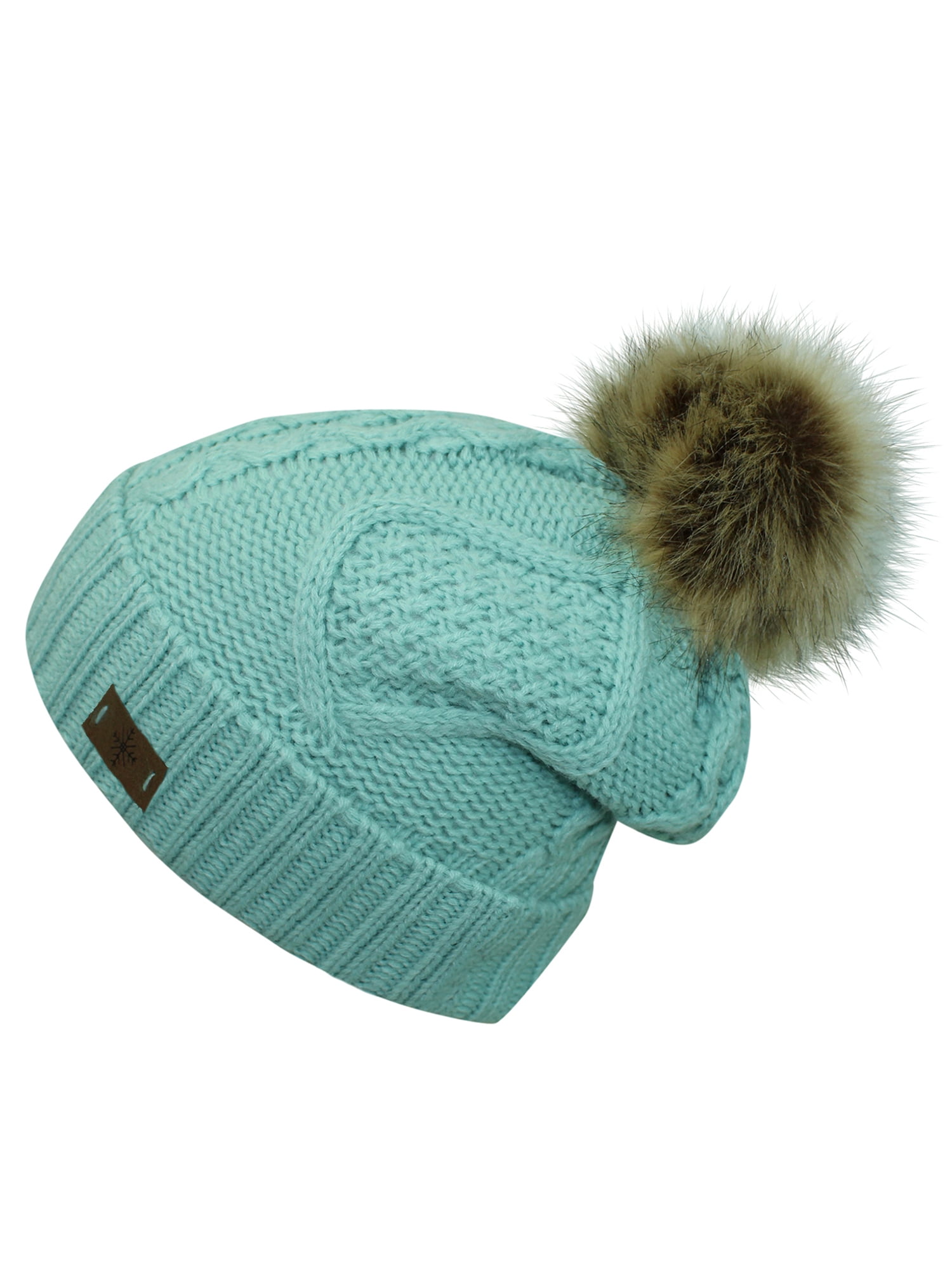 Mohair and Wool Blend Green Cable Hand Knit Hat withPom Pom for