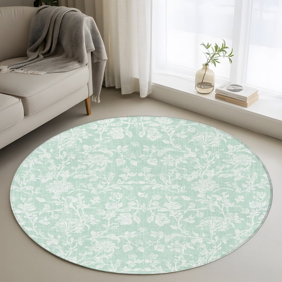 Mint Green Floral 3' Round Rug for Bathroom Accent Bedside Corner, Pastoral White Petal Leaf Botanical Linen Washable Non Slip Circle Area Rug for Small Spaces