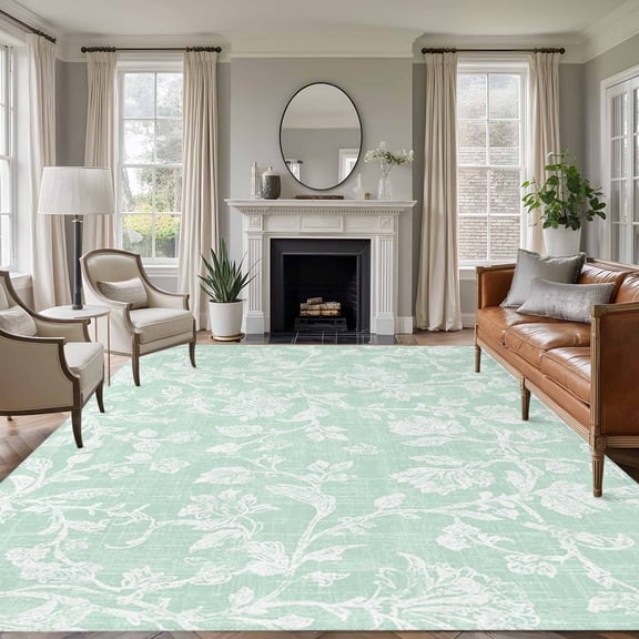 Mint Green Floral 6'x9' Rug for Dining Room Table and Chair Setup, Pastoral White Petal Leaf Botanical Linen Low Pile Washable Non Slip Rectangle Area Rug for Living Room