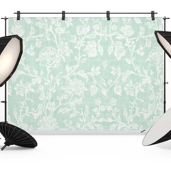 Mint Green Floral Backdrops for Photography, Pastoral White Petal Leaf Botanical Linen Fabric Photo Background Sturdy Studio Props for Photo Studio, Video Recording, Booth & Photoshoot 7x5ft