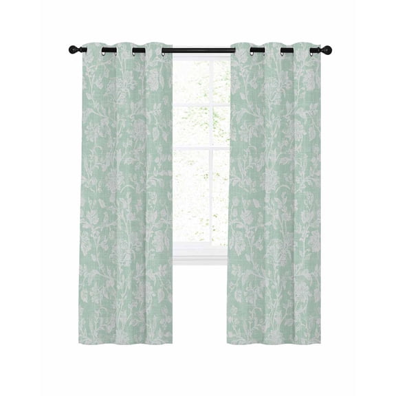 Mint Green Floral Blackout Curtains for Bedroom Living Room, Pastoral White Petal Leaf Botanical Linen 39 In Long Thermal Insulated Room Darkening Drapes Grommet Window Treatments, 27.5 x 39 In