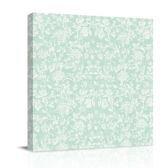 Mint Green Floral Canvas Wall Art for Living Room, Pastoral White Petal Leaf Botanical Linen Poster Print Painting for Bedroom Office Home Decoration Wall Pictures Prepare To Hang 8"x8"