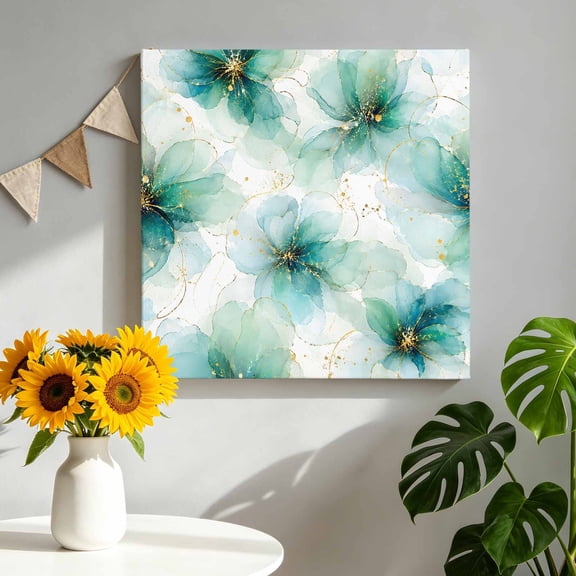 Mint Green Floral Canvas Wall Art, Rustic Watercolor Blooming Peony Petals Gold Line Pictures Wall Decor Wooden Framed Artwork Art Prints for Living Room Hallway Bedroom Office 8"x8"