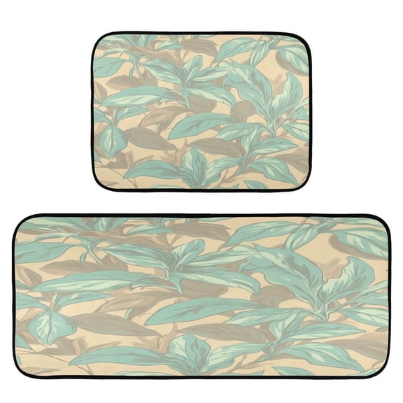 Mint Green Floral Design 2-Piece Kitchen Carpet Mat Set, Non-Slip Memory Foam, Soft for Kitchen and Living Room Use