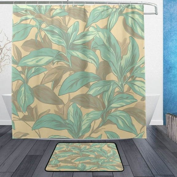 Mint Green Floral Design Bathroom Accessory Sets Waterproof Shower Curtain with Anti-Slip Bath Mat Durable Combo