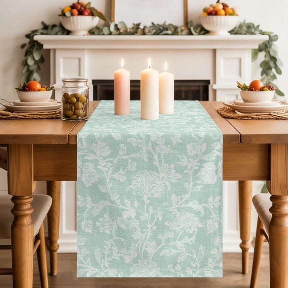 Mint Green Floral Dining Table Runner, Pastoral White Petal Leaf Botanical Linen Washable Table Runners Kitchen Coffee Table Center Decor for Home Party Holiday Wedding 13 x 36 Inches