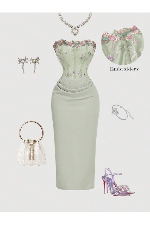 Mint Green Floral Embroidered Strapless Midi Dress With Ruched Waist And Sheath Silhouette