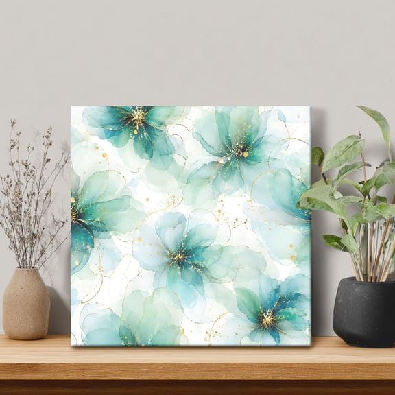 Mint Green Floral Framed Canvas Wall Art, Rustic Watercolor Blooming Peony Petals Gold Line Wall Art Painting for Living Room Bedroom Home Decor, 8"x8", Office Artwork Print