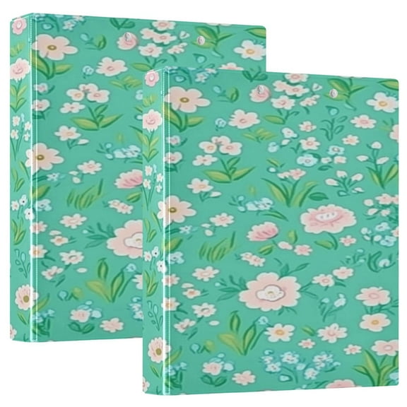 Mint Green Floral Pattern 12.4x10.6in PVC Round Ring Binder, D-Ring 3-Hole, Metal Clip, 200 Sheets