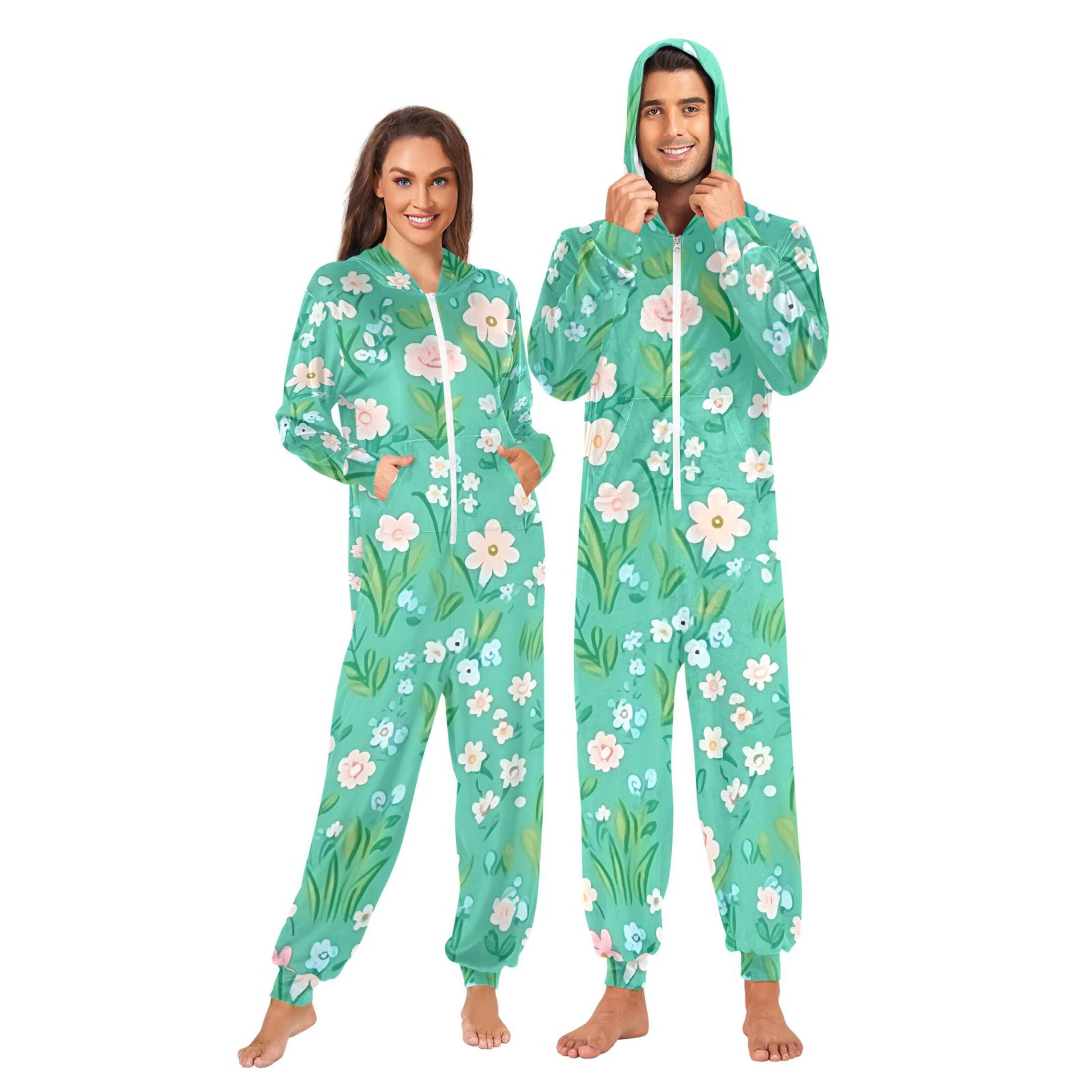 Mint Green Floral Pattern Adult onesie Pajamas, Crystal Velvet