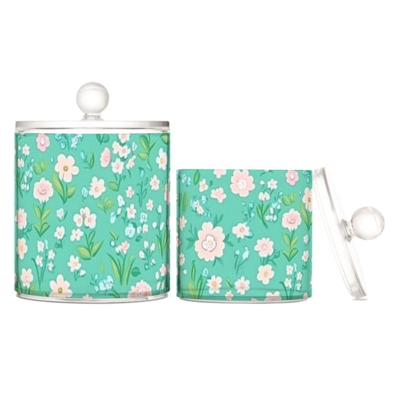 Mint Green Floral Pattern Translucent Plastic Cotton Swabs Canisters Large Medium Set