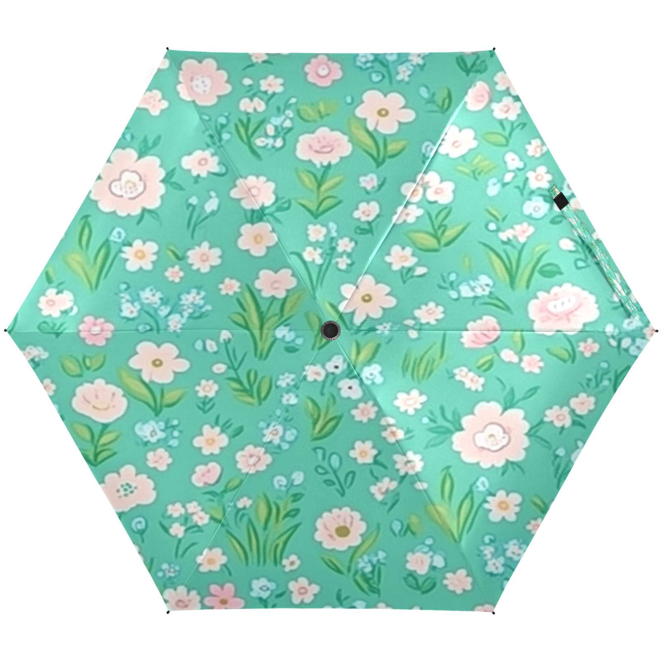 Mint Green Floral Pattern Umbrellas for Sun Auto Open Close UV50+ Waterproof 5-Fold Compact Fiberglass Frame