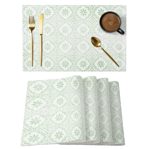 Mint Green Floral Placemats Set of 4, Classic Green Petal Flower Pattern Vintage Non-Slip Place Mats Washable Table Mats for Kitchen Dining Table Decorations Indoor/Outdoor