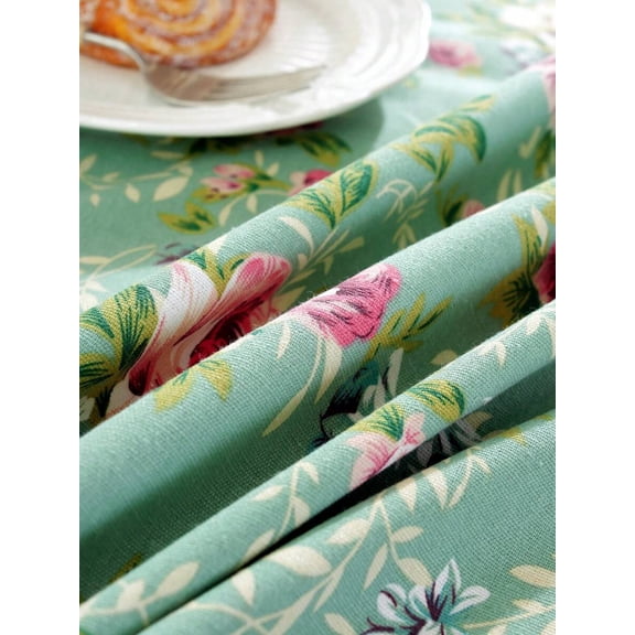 Mint Green Floral Print Tablecloth, 60x60 Inch Square, Farmhouse Style, 1pc