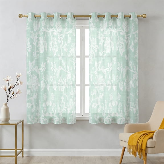Mint Green Floral Sheer Curtains 39 Inch Long 2 Panels, Pastoral White Petal Leaf Botanical Linen Light Filtering Semi Sheer Drapes Grommet Voile Window Curtain for Living Bedroom W27.9 x L39
