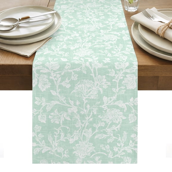 Mint Green Floral Table Runner, Pastoral White Petal Leaf Botanical Linen Washable Kitchen Table Runners Dress Scarves for Dining Table Decorations Party/Restaurant/Indoor Outdoor Use, 13x48in
