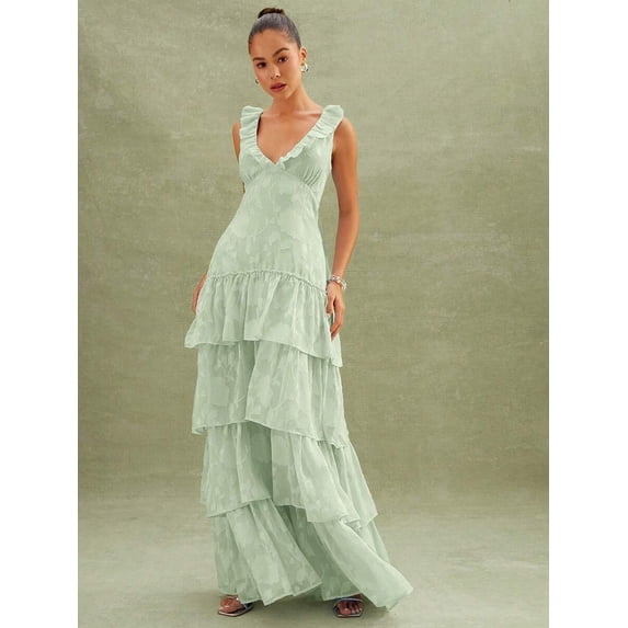Mint Green Floral Textured Tiered Ruffle Maxi Dress For Wedding Event