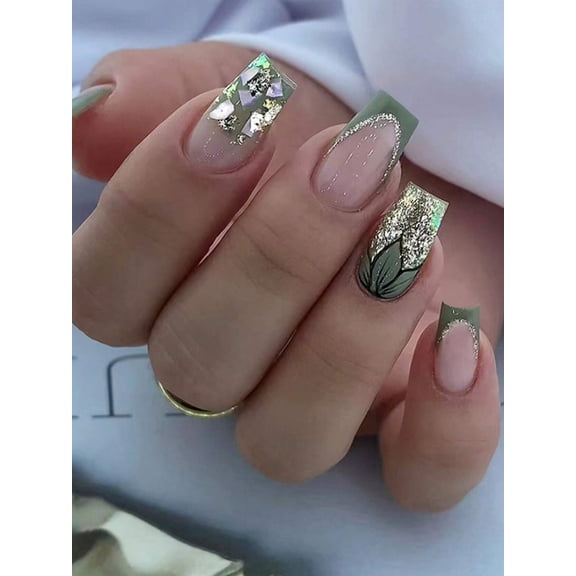 Mint Green French with Holographic Accents Medium Short Square Press-On Nails - 24PCS Nude Fake Nails with Iridescent & Glossy French Tips, Glue-On Nails Kit with Tools for Women Girls