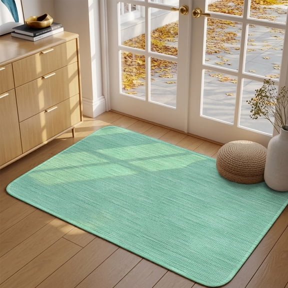 Mint Green Front Door Mat Indoor Entrance, Teal Green Solid Color Linen Weave Texture Coastal Absorbent Dirt Resist Welcome Mats Non-Slip Low-Profile Doormat Washable Entry Rug Indoor 17x30 Inch