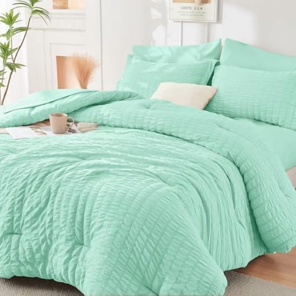 Mint Green Full Size Comforter Sets Seersucker 7 Pieces, All Season Luxury Bed in a Bag for Bedroom, Bedding Set with Comforter, Sheets, Pillowcases & Shams