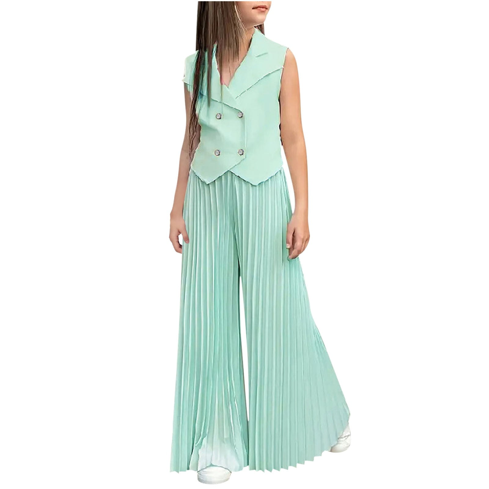 Mint Green Girls 2 Piece Outfit Set: Sleeveless Double Breasted
