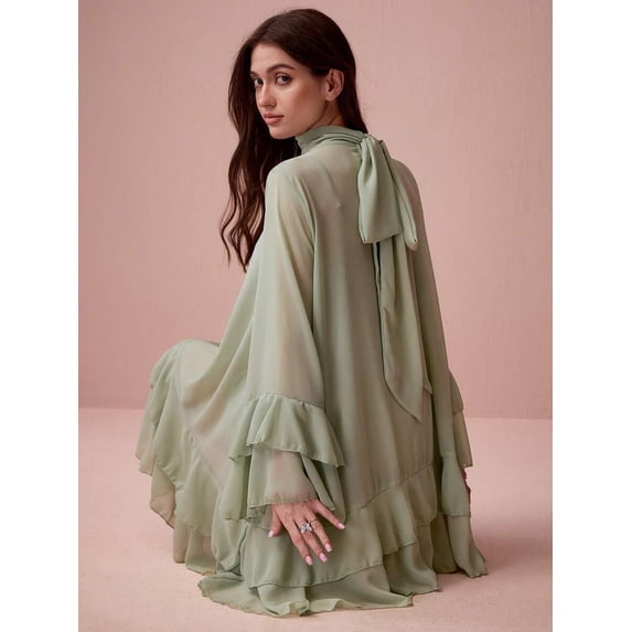 Mint Green High-Neck Flare Sleeve Ruffle Hem Mini Dress with Tie Back