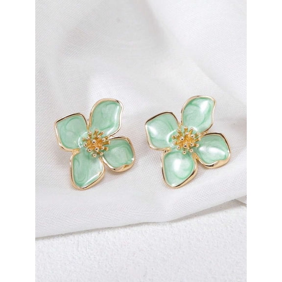 Mint Green Hollow Flower Stud Earrings With Goldtone Accents, Elegant Minimalist Jewelry For Daily Wear