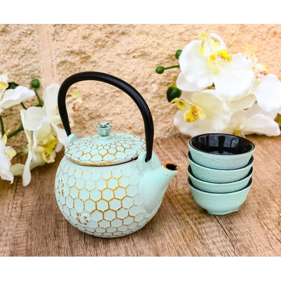 Mint Green Honeycomb Petite Cast Iron Teapot 10oz With 4 Mini Tea Cups Set