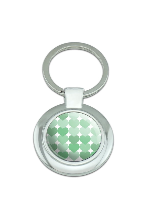 Mint Green Hued Hearts Classy Round Chrome Plated Metal Keychain