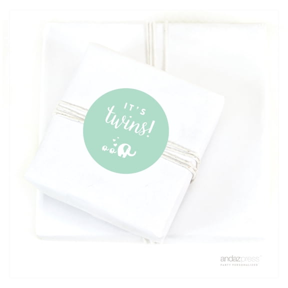 Mint Green Its Twins! Round Baby Shower Gift Label Stickers, 40-Pack