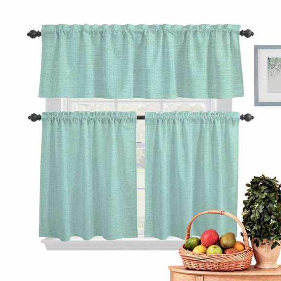Mint Green Kitchen Curtains Valances 3 Piece Set, Solid Color Retro Linen Rod Pocket Tier Curtain and Valance Drapes for Small Window 36 Inch Length for Bedroom Cafe