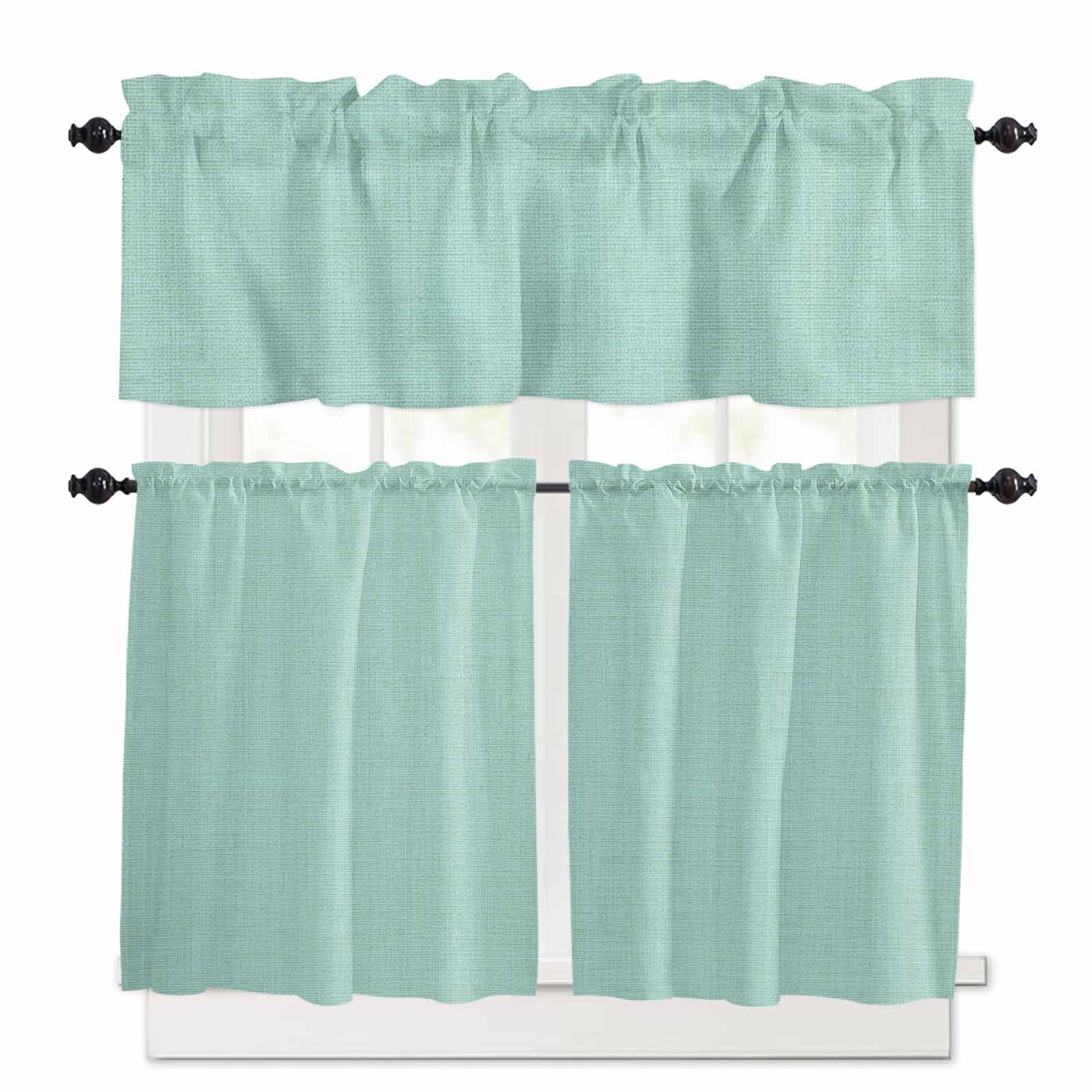 Mint Green Kitchen Curtains Valances and Tiers Solid Color Retro Linen Tier Curtains and Valance Rod Pocket Valance Curtains Set for Kitchen Bathroom Small Windows 27.5"W x 24"L, 3pcs