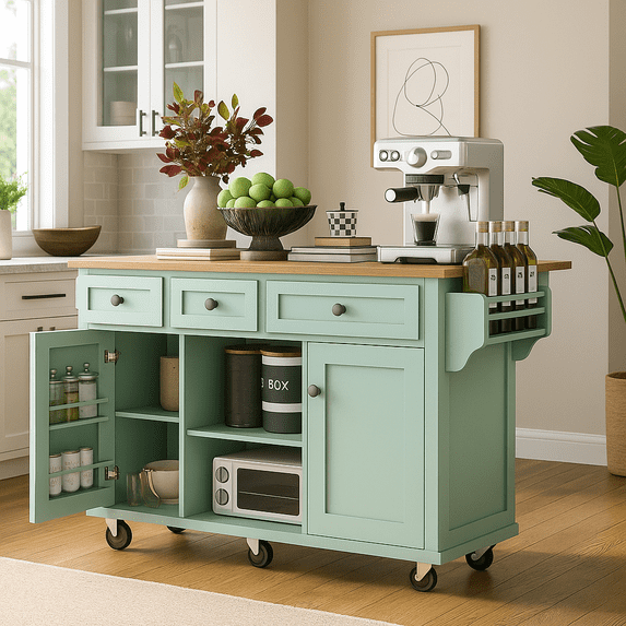 Mint Green Kitchen Island Cart with Foldable Rubberwood Countertop, Built-In Door Storage Racks, 5 Rolling Wheels, 3 Drawers & Cabinet, Mobile Kitchen Island with Storage for Dining Room