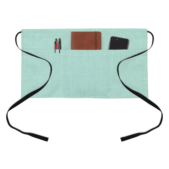 Mint Green Kitchen Restaurant Half Waist Apron, Solid Color Retro Linen Server Short Apron with 3 Pockets Waterproof Oil Waist Aprons for Women Waitress Waiter