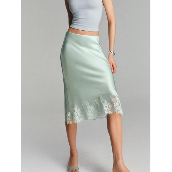 Mint Green Lace-Trimmed Satin Midi Skirt Elastic Waist Slip Style A-Line For Party Beach Streetwear