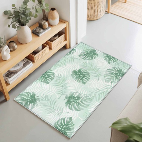 Mint Green Leaf 2'x3' Rug for Entryway Front Door Kitchen Sink Area, Modern Mint Green Palm Leaf Monstera Low Pile Washable Non Slip Rectangle Area Rug for Living Room