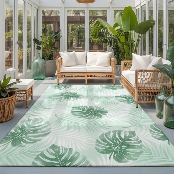 Mint Green Leaf 6'x9' Large Area Rugs Modern Mint Green Palm Leaf Monstera Washable Area Rugs Non-Slip Indoor Floor Mats Large Carpet for Living Room Bedroom Dining Room