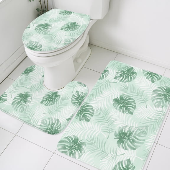 Mint Green Leaf Bathroom Rugs Set Modern Mint Green Palm Leaf Monstera Non Slip Absorbent Soft Bath Mats 3 Piece Set with Bathroom Rug, U-Shaped Floor Mat, Toilet Seat Cover Small Size