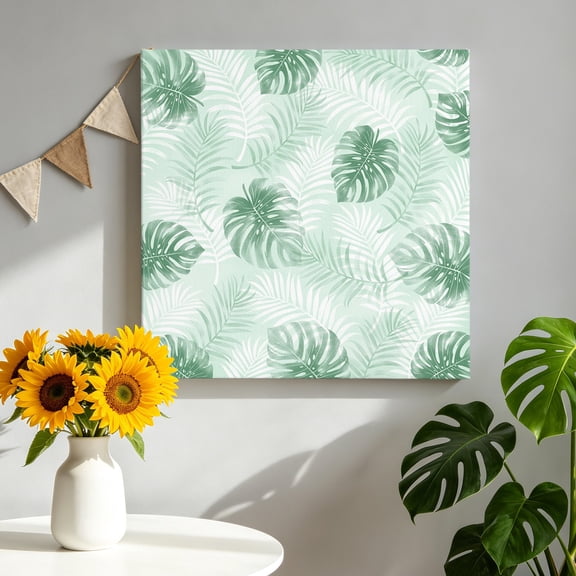 Mint Green Leaf Canvas Wall Art, Modern Mint Green Palm Leaf Monstera Pictures Wall Decor Wooden Framed Artwork Art Prints for Living Room Hallway Bedroom Office 8"x8"
