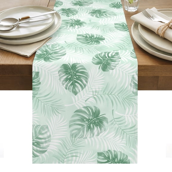 Mint Green Leaf Cotton Linen Table Runner Modern Mint Green Palm Leaf Monstera Dining Table Runners for Home Decor Party Dining Room Restaurant Kitchen Party 13" x 48"