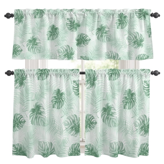 Mint Green Leaf Kitchen Curtains Valance and Tier Set Modern Mint Green Palm Leaf Monstera Rod Pocket Short Curtains for Small Window 3 Pieces Set for Bedroom Bathroom Cafe (54" x 18"+27" x 24")