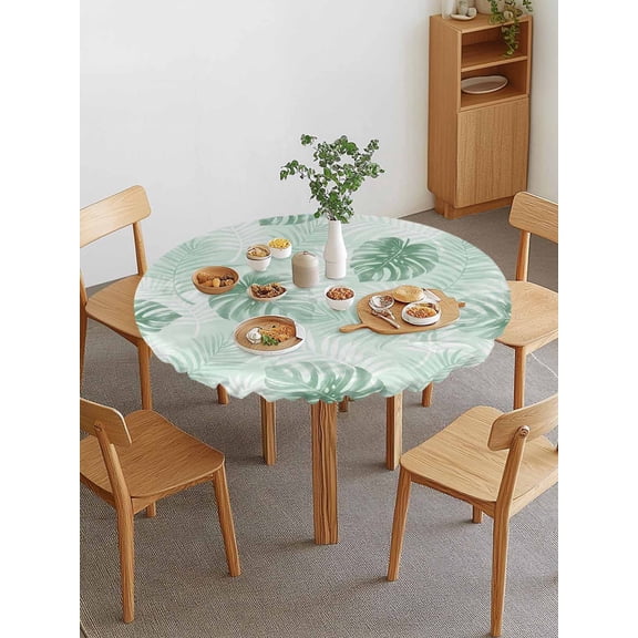 Mint Green Leaf Round Fitted Tablecloth with Elastic Edge, Modern Mint Green Palm Leaf Monstera Waterproof Stretch Table Covers for 36"-44" Tables Wipeable Table Cloth for Outdoor