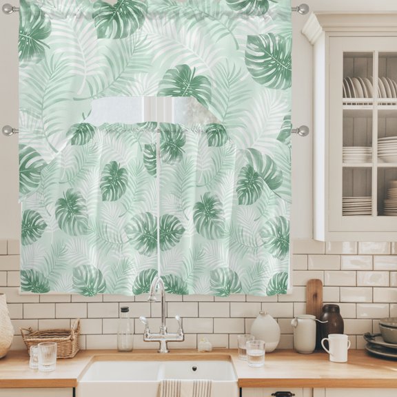 Mint Green Leaf Swag Curtains Valance and Tier Set, Modern Mint Green Palm Leaf Monstera Swag Curtains Drapes Rod Pocket for Kitchen Bathroom Small Window, 3 Pieces 56x36in+27.5x36*2
