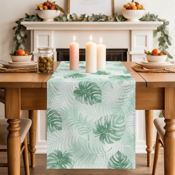 Mint Green Leaf Table Runner 13x36 Inch Modern Mint Green Palm Leaf Monstera Cotton Linen Dining Table Runner Ideal for Dresser Kitchen Coffee Tables - Machine Washable
