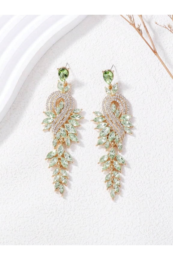 Mint Green Leaf Vine Drop Earrings With Rhinestone Accents For Women
