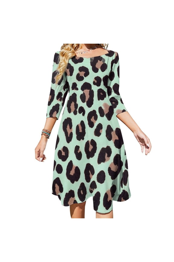 Mint Green Leopard Print Pattern Women's Fall Dresses Casual Loose Flowy Swing Shift Dress