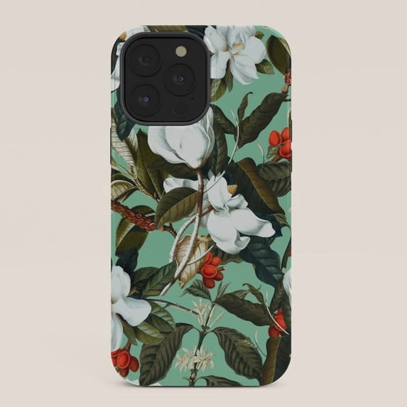 Mint Green Magnolia Flowers and Red Berries Tough Case, Dual-Layer ...