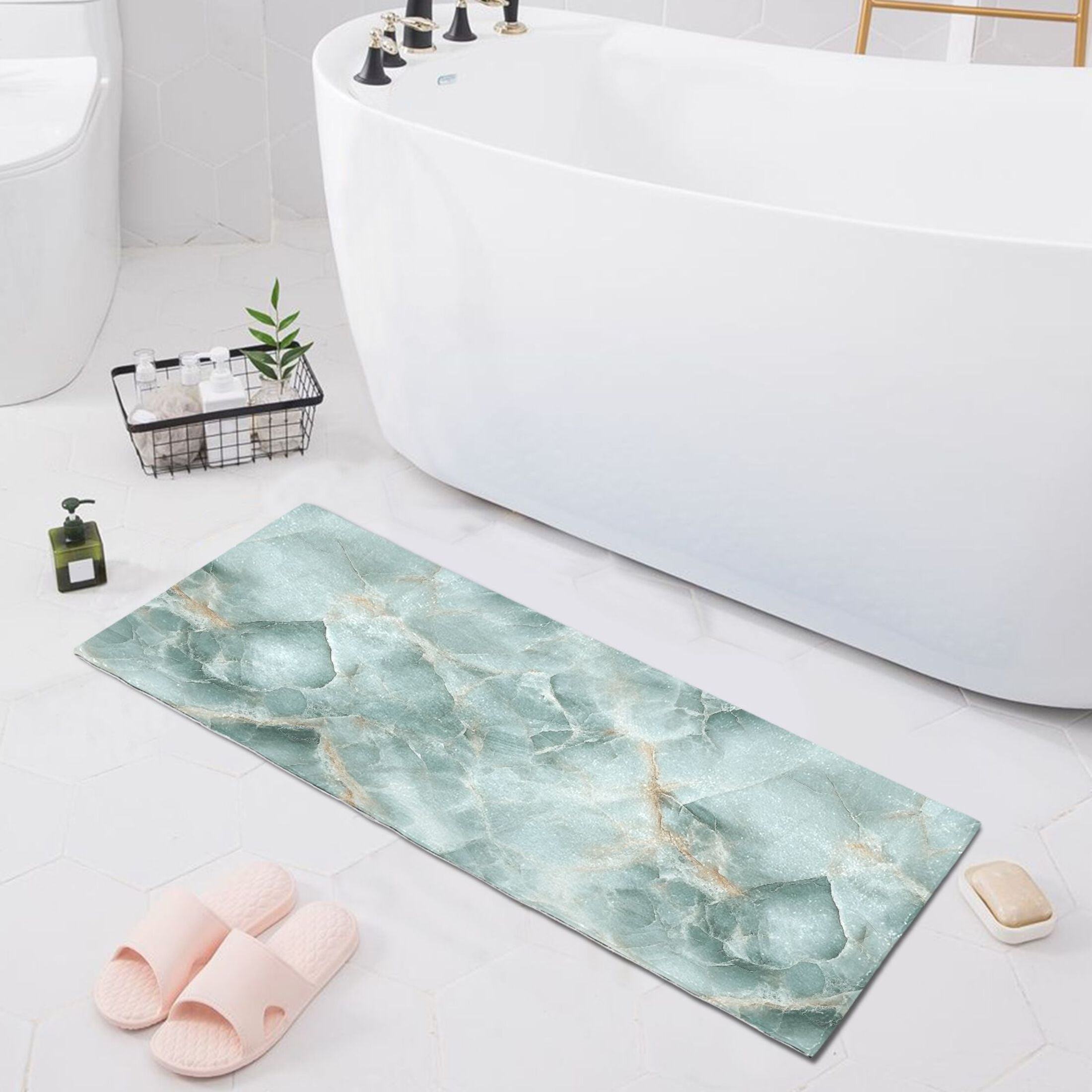 Mint Green Marble Bath Mat 39x20 Non-Slip Bathroom Rugs Absorbent Soft Plush Quick Dry for Tub Shower Kitchen Home Decor