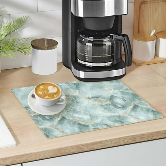 Mint Green Marble Dish Drying Mat 12"x18" Kitchen Counter Dish Pad Microfiber Absorbent Drainer Rack for Coffee Bar