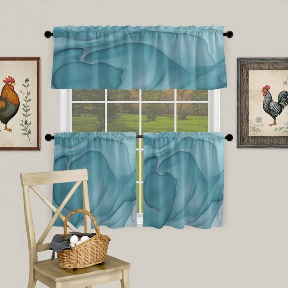 Mint Green Marble Fluid Art Curtain Tier and Valance Set 3 Piece, Modern Abstract Turquoise 3-inch Rod Pocket Window Tier Curtains Valance for Kitchen Living Room
